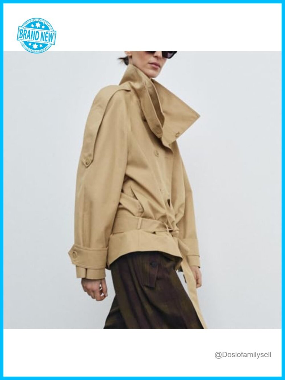Cropped Trench Coat Women Funnel Neck Double Breasted Belted Fall Spring Jacket - Picture 3 of 6